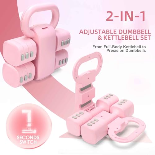 Adjustable 2-in-1 Convertible Kettlebell & Dumbbells Set, 4 in 1 Free Weights Dumbbell Set of 2, Each 2.2 3.3 4.4 5.5lb Quick Change Women Dumbbell Set for Home Exercise Training - color: Pink