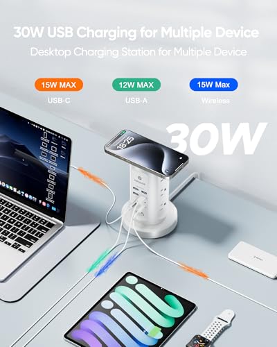 Kakyanill 30W USB Charging Station, Power Strip Tower with 9 AC 8 USB | 6Ft Flat Plug Retractable Extension Cord, for Home Office Dorm, White - color: White&Grey
