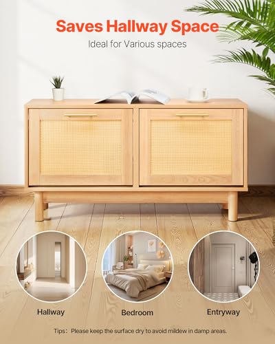 VEVOR Rattan Shoe Storage Bench, Entryway Bench with 2 Flip Drawers, Holds up to 300 lbs with 4 Compartments and 2 Rattan Doors, 39.4 x 11.8 x 20.9 Inches for Hallway, Living Room, Bedroom - size: 2 Rattan Doors
