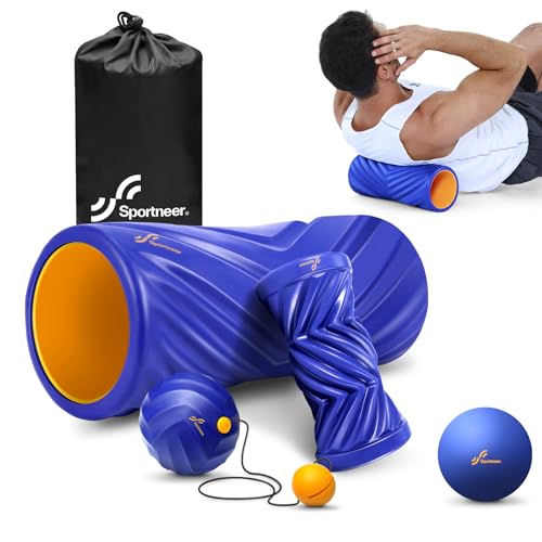 Sportneer 4 in 1 Pilates Foam Roller Muscle Relax Kit | with 2 Textured Foam Rollers Stringed Exercise Ball, Lacrosse Ball for Muscle Shoulder Back Leg Whole Body Relax Fitness Yoga - color: Blue