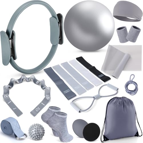 Poen 18 Pcs Home Pilates Kit for Women Pilates Ball and Ring Circle Set Yoga Fitness Essential with 5 Resistance Band Stretching Strap Non Slip Sock Ball Core Slider Wristband Headband Gym Bag - color: Gray
