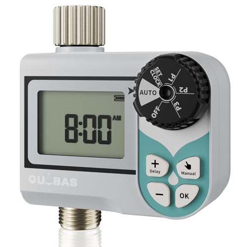 QUOBAS Low Pressure Water Timer, Weekly Sprinkler Timer for Garden Hose | Programmable Hose Timer with Brass Inlet & Outlet, Zero Pressure Water Timer for Rain Barrel, Rain Delay/Manual/Auto Modes - size: Weekly Program 1 Zone