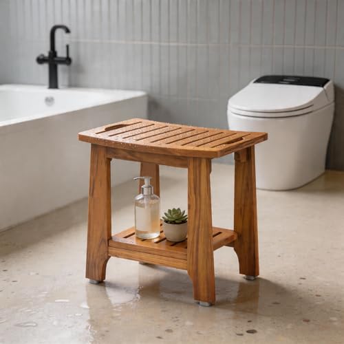 21" Standard Teak Shower Bench with Shelf & Handle - Waterproof, Non-Slip Bath Stool, 300 lbs Capacity - Fits Standard Tubs/Showers & Outdoor Use (Patented) - size: 21"W x 13" Dx 18"H