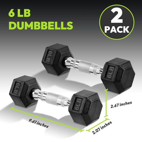 HANDBODE Hex Dumbbell Set of 2, Rubber Encased Fixed Dumbbells, 2.5-65 lb | Non-Slip Comfortable Handles, Hand Weights for Strength Training, Ideal for Home Gym Workouts - size: 6 lb, Pair, style: Chrome Handle
