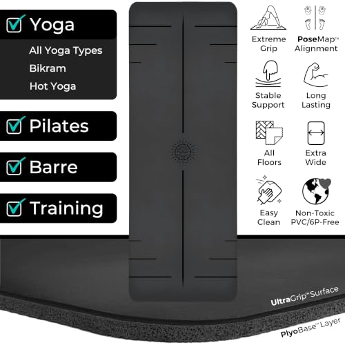 Plyopic Ultra Grip Pro Yoga Mat – Extreme Non-Slip Grip for Dry & Sweaty Practice, Alignment Lines, Cushioned Support, Extra Wide 72 x 26 in, for Yoga, Pilates & Hot Yoga - color: PoseMap Alignment - Signature Black
