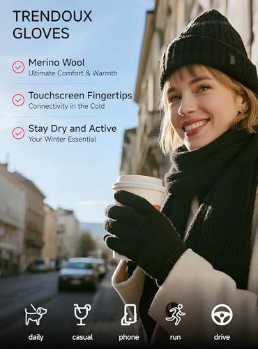 TRENDOUX Merino Wool Winter Gloves: Touch Screen Knitted Gloves Warm Thin Non-slip Glove for Men Women Driving Running Gift - color: Black, size: Large