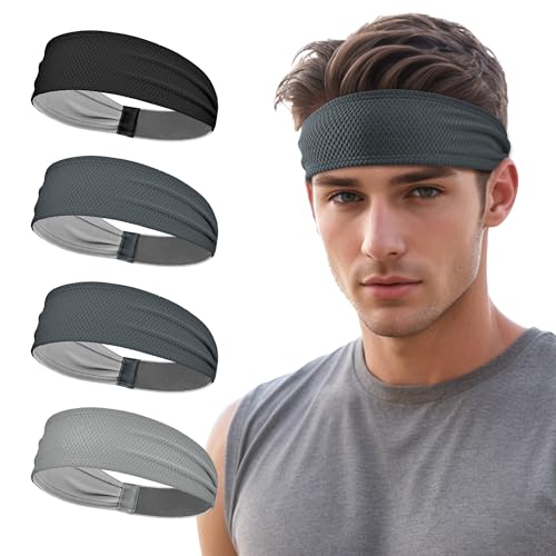 Sukeen Sports Headbands for Men, Moisture Wicking Sweat Bands Headbands Non-Slip, Breathable Elastic Sweatband, Running Headband for Yoga, Tennis, Fitness Workout - color: Black/Dark Gray/Gray