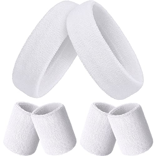 Bememo 6 Pcs Neon Sports Sweatbands Set Sports Competitions Sweatbands 2 Headband 4 Wristbands Breathable Terry Cloth Athletic Bands for Team Soccer Spirit 80s Costumes Cosplay - color: White