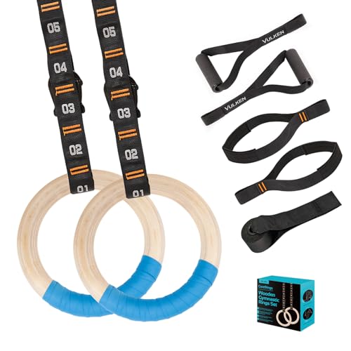Vulken Wooden Gymnastic Rings with Adjustable Numbered Straps. 1.25'' Olympic Rings for Core Workout, Crossfit, Bodyweight Training. Home Gym Rings with 8.5ft Exercise Straps and Workout Handles.
