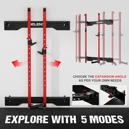 JELENS FS01 Folding Squat Rack, Wall Mounted Power Rack for Home Gym, Space Saving Multi-Functional Power Cage with More Attachments - color: Red, size: FS01 Squat Rack