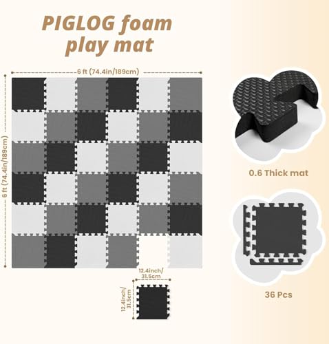 36Pcs Baby Play Mat for Floor, Foam Floor Tiles for Kids with Interlocking, Squares Foam Puzzle Carpet for Playroom,Crawling Rug for Babies 6-12 Months,Toddlers,11.8 * 11.8 * 0.6In Each - color: Grey-white-black, size: 36 PCS