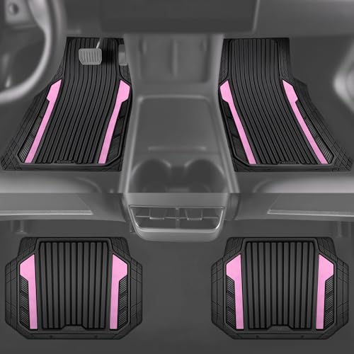 CAR PASS Heavy Duty Rubber Car Mats Metallic, Aluminum Film Cute All Weather Floor Mats Waterproof Universal Trim to Fit for SUV Sedan Van 4 Piece Deep Dish Two-Tone Sporty Black Light Pink Chrome - color: Black Light Pink