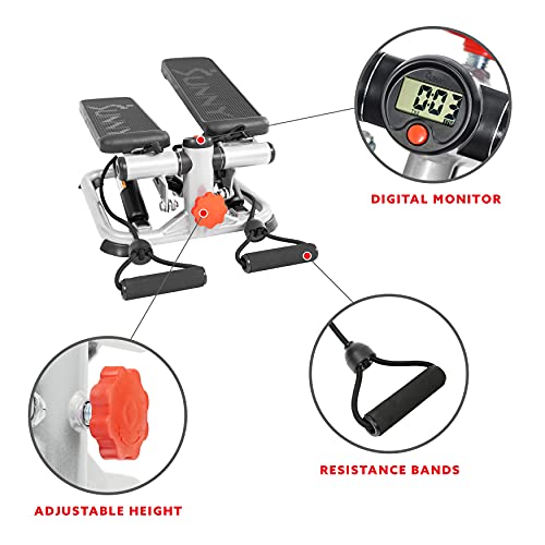 Sunny Health & Fitness Mini Stepper w/LCD Monitor & Adjustable Step Height | Fully Assembled, Stable Frame Design, Home Cardio Training, Hydraulic Stepper, Fits Everywhere, Resistance Bands Option - color: Grey