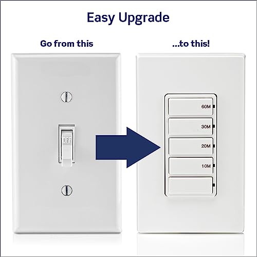 Leviton Countdown Timer Switch for bathroom fan and household lights, 10-20-30-60 min, No Neutral Required, Single Pole, 15A, 1/2HP/9.8A Fan/Motor, DT160-1LW, White - style: 10-20-30-60 min, No Neutral Required