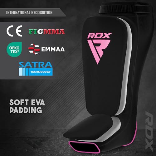 RDX Shin Guards Kickboxing Muay Thai, SATRA Approved, MMA Leg Instep Protection Pads, Sparring Training Martial Arts Boxing, Elasticated Padded Protector, Karate BJJ Taekwondo Gear, Men Women - color: Black Pink, size: Small