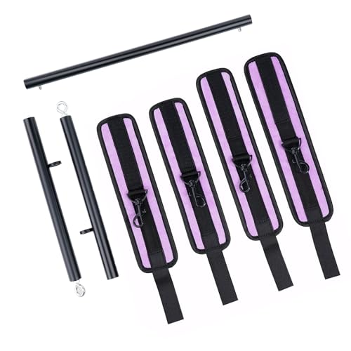 Spreader Bar Heavy Duty Stainless Steel Expandable Silver Bar Home Gym with 4pcs Furry Purple Adjustable Straps,Sports Aid Training Fitness Gear Pilates Aid Kit - style: Black+Purple Furry Kit