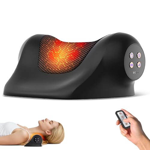 Neck Massager with Heat, Red Light & Vibration Adjustable, Heated Neck Stretcher with 3 Modes, Rechargeable Cervical Traction Device for Pain Relief & Muscle Relaxation, Gift for Women Men - color: Black