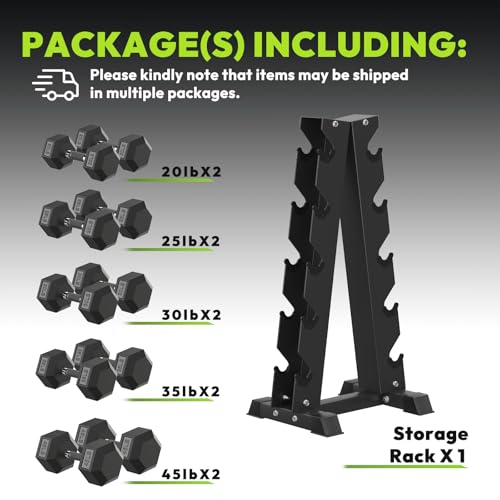 HANDBODE Hex Dumbbell Set with Vertical Storage Rack, 100–550 lb | Non-Slip Handle Design for Secure Grip, Rubber Encased Dumbbells, Hand Weights for Strength Training and Home Gym - style: 310 lb (20, 25, 30, 35, 45 lb) X 2 & Rack