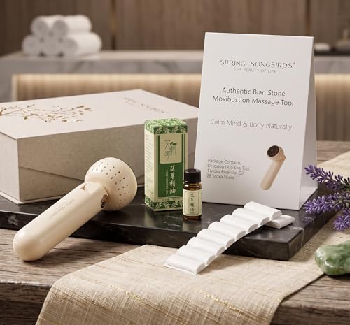 Upgraded Design Moxibustion Gua Sha Kit with Natural Bian Stone, Moxa Herbal Skincare | Stone Massage Kit for Relaxation & Self-Care