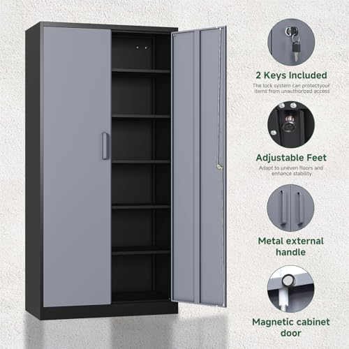 Letaya Metal Storage Cabinet with Lock Door and 5 Shelves,6 Tier Steel Garage Tool Cabinet for Home Office Utility Room 72" H X 36" W X18 D (Black Gray) - color: Black Grey, size: 72 X 36 X 18 In(H X W X D)