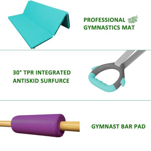 Foldable & Moveable Gymnastics Horizontal Bar with Rings,3’to 5’Adjustable Height Expandable Junior Kip Bar for Home,Indoor Gym Equipment for Kids - style: MAT-Teal with Rings