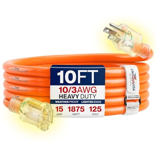 10ft Outdoor/Indoor Extension Cord 10/3 Gauge Ultra Heavy Duty 3 Prong SJTW, Waterproof, Flexible Cold-Resistant Long Power Cord,15A 125V 1875W, Orange by LifeSupplyUSA - color: Orange, size: 10 FT, style: 10AWG