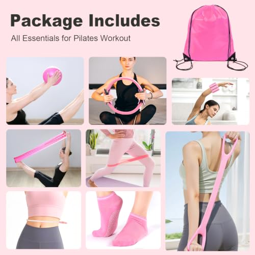 Pilates Kit-14PCS Pilates Equipment Set | home pilates kit includes pilates ring and ball, resistance bands, ankle weights and socks, for strength and flexibility - color: pink