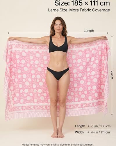 Beach Cover Ups for Women, Cotton Sarong Wrap Pareo | 100% Cotton Sarong Wraps For Women, 73 x 44 In. Pareo Beach Wrap, Bikini Cover Up, Bathing Suit Cover Up, Resort Wear - color: Schauss Pink
