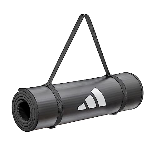 adidas 10mm Extra Thick Training Mat with Carrying Strap and Non-Slip Textured Base - Cushioned Workout Mat for Home Gym, Floor Workouts, and Intense Exercises - Portable and Durable - color: Black