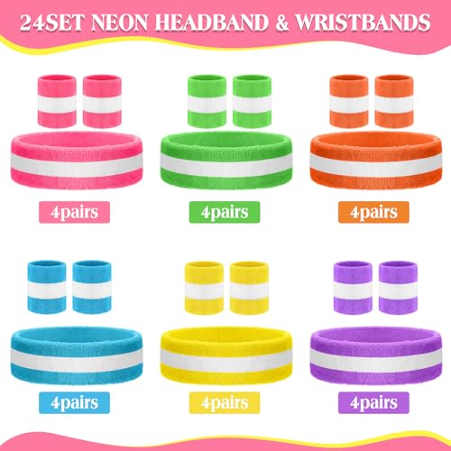72 Pcs 80s Neon Headbands Sweatband Set, Include 24 Sports Headbands and 48 Sweat Wristbands Bulk for Woman Man - style: Vivid