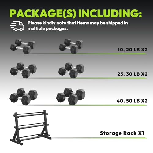 HANDBODE Rubber Coated Hex Dumbbell Set with Rack, 300-840 lb | Fixed Weights Sets with Heavy Duty Storage Stand, Multiple Weight Options Home Gym Equipment for Strength Training - style: 350 lb Set (10-50 lb) with Rack