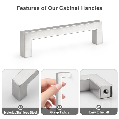 Probrico 5 Pack Hole Centers 4inch Brushed Satin Nickel Cabinet Handles,Stainless Steel Kitchen Drawer Pulls,Square Corner Bar Dresser Pull Handle 4.5inch Length - color: Brushed Nickel, size: Hole Center: 102mm(4inch)