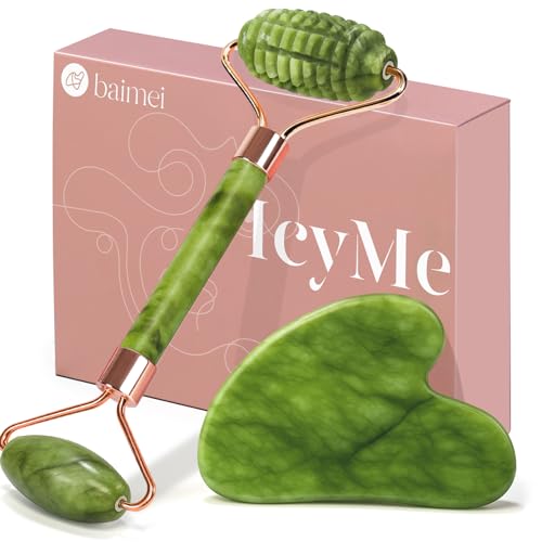 BAIMEI IcyMe Gua Sha and Jade Roller for Face, Natural Jade Face Roller with Ridge Design for Reducing Puffiness & Skin Firming,Facial Sculpting Tool, Self Care Gift for Women Men - color: Green
