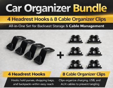 Car Organizer Bundle – 4-Pack Headrest Hooks & 8-Pack Cable Organizer Clips, Backseat Bag Hangers & Cord Management Set