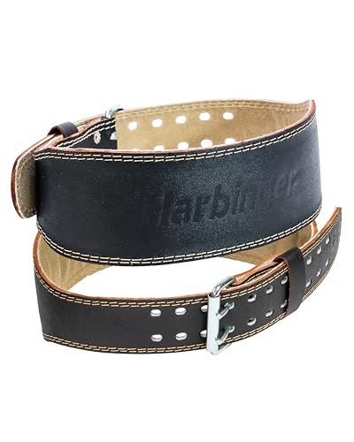 Harbinger Padded Leather Contoured Weightlifting Belt - 4" or 6” Width - Interior Suede Lining & Foam Cushioning - Heavy-Duty Dual Prong Steel Roller Buckle - for Lifting Support - size: Medium, style: 4 Inch