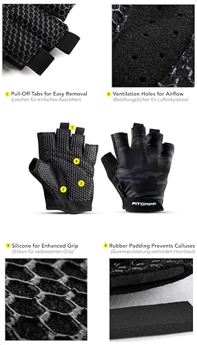 Fitgriff® Workout Gloves (Padded) for Men & Women - Fingerless Gym Gloves for Weight Lifting, Training - Full Palm Protection - color: Camo-Black, size: 10