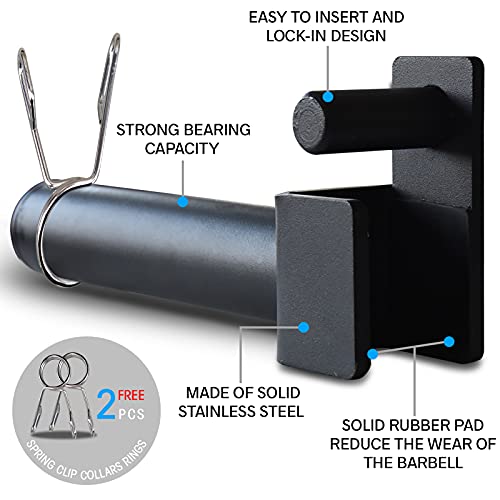 Balelinko Extended 9" Olympic Weight Plate Holder, Weight Plate Storage, Attachment for for 2"x2" Tube Power Cage with 1" Hole, 1 Pair, Bonus a Pair of 2" Spring Clip Collars Rings