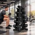 HANDBODE Rubber Coated Hex Dumbbell Set with A-Frame Rack, 100 lb - 600 lb Multiple Options Weight, Hexagon Non-Rolling Shape, Ergonomic Knurled Handle, Home Gym Equipment for Strength Training - style: 220 lb (5, 15, 20, 30, 40 lb) X 2 & Rack