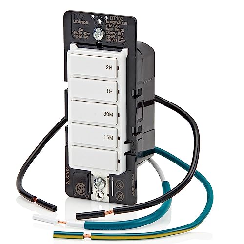 Leviton Countdown Timer Switch for household lights and exhaust fans, 15-30 min, 1-2 hour, No Neutral Wire Required, Single Pole, 15A, 1/2HP/9.8A Fan/Motor, DT102-1LW, White - style: 1-2 hour, No Neutral Required