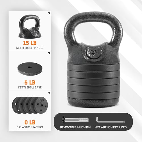 Yes4All Adjustable Kettlebell Set, 20–40 LB Weight Set, Solid Cast Iron Handle with Spacer Disks & Secure Lock, Space-Saving Kettlebell for Home Gym Strength Training, Black - size: 20 Pounds