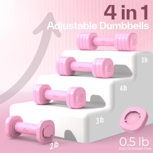 Adjustable Dumbbell Set of 2: Sportneer 4 in 1 Free Weights Dumbbells Set for Women, Hand Weights for Women at Home, Available in 5 lb × 2 and 10 lb × 2 Sets with Soft Rubber Handle for Home Gym Exercise Training - color: Wild Rose, size: 5lb × 2