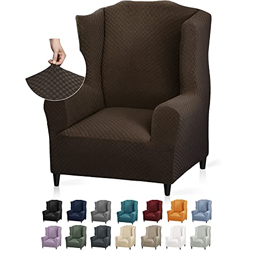 YEMYHOM 1 Piece Stretch Wingback Chair Slipcover Latest Jacquard Design Wing Chair Cover Non Slip Furniture Protector with Foam Rods for Living Room (Wing Chair, Dark Coffee) - color: Dark Coffee, size: 1 Pack - Wing Chair