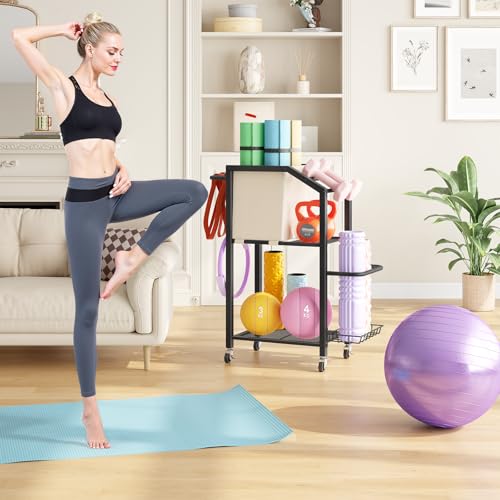 HOOBRO Dumbbell Rack, Weight Rack for Dumbbells, Yoga Mat Storage Rack, Home Gym Storage Rack for Dumbbells Kettlebells Foam Roller, Workout Storage Organizer with Wheels & Hooks - color: Black
