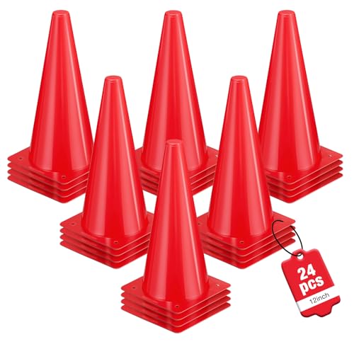 12 Inch Sports Cones Set of 24,Durable Training Cones for Soccer,Football, Basketball Drills - Multi-Purpose Agility Cones for Indoor & Outdoor Practice - color: red