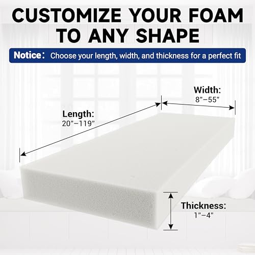ColourTree Custom High-Density Foam (2'' Thickness), Firm-to-Medium for Bench Cushions, Dining Seats, Pet Mats, Window Seating & DIY Projects - size: 2 Inch Thick