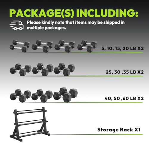 HANDBODE Rubber Coated Hex Dumbbell Set with Rack, 300-840 lb | Fixed Weights Sets with Heavy Duty Storage Stand, Multiple Weight Options Home Gym Equipment for Strength Training - style: 580 lb Set (5-60 lb) with Rack