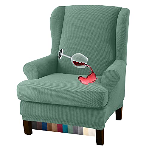 Granbest Premium Water Repellent Wingback Chair Cover 2-Piece High Stretch Jacquard Fabric Wing Back Chair Slipcovers (Wing Chair Cover, Matcha Green) - color: Matcha Green