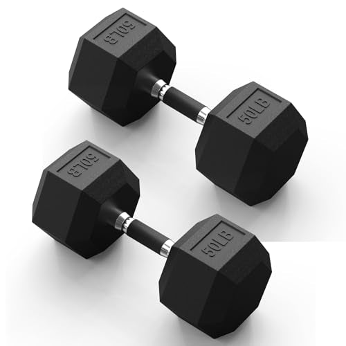 PAPABABE Hex Dumbbell Set 2.5-100lb, Rubber Grip Dumbbells, Home Gym | Complete & Durable Cast Iron Core Odorless Antiroll Hex Shape Ergonomic Versatile Home Gym Comfort Non-Slip Grip - size: 50 lb, Pair, style: Rubber Grip
