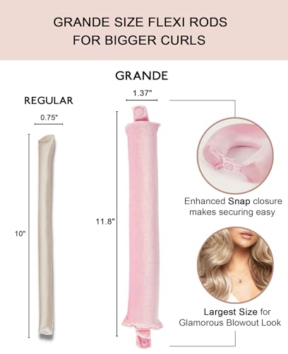 Grande Heatless Curls Overnight Rods - Upgraded Directional Grip Velvet - No Heat Hair Curlers to Sleep, Jumbo Large Hair Rollers Flexible Curling Rods Set for Long Thicker Coarser Hair Blowout Look - color: Blush Pink