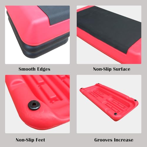 Adjustable Workout Aerobic Exercise Step Platform, Fitness & Exercise Step Platform with 2/4 Stackable Risers for Home Gym Cardio Training(Grey/Red) - color: Red-4Risers